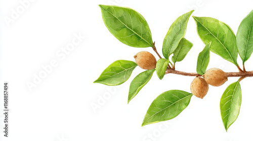Watercolor depiction of nutmeg tree branch with leaves and nuts