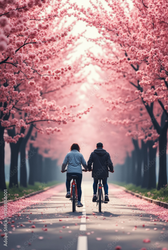 A Couple Riding Bicycles Together Down a Tree-Lined Road Covered in Soft Pink Cherry Blossoms A Couple Riding Bicycles Together Down a Tree-Lined Road Covered in Soft Pink Cherry Blossoms
