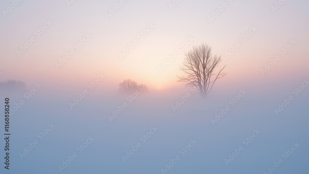 Serene Sunrise Over Foggy Field with Silhouetted Trees