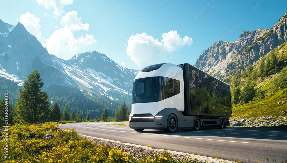 A modern truck driving through a scenic mountain landscape on a sunny day. A modern truck driving through a scenic mountain landscape on a sunny day.