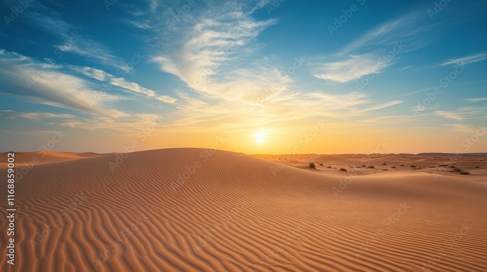 Yellow sand dunes create a dry desert landscape under a hot summer sky Yellow sand dunes create a dry desert landscape under a hot summer sky