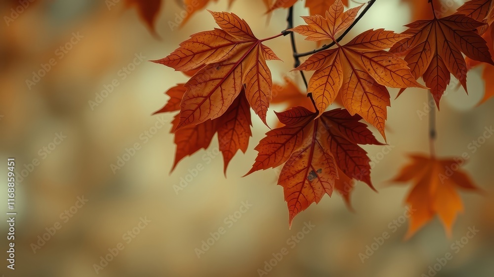 Autumnal foliage featuring vibrant, russet-toned maple leaves on a branch Autumnal foliage featuring vibrant, russet-toned maple leaves on a branch