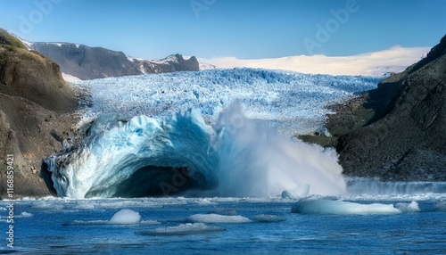 A scene where a glacier collapses due to global warming, causing huge ice blocks to fall photo