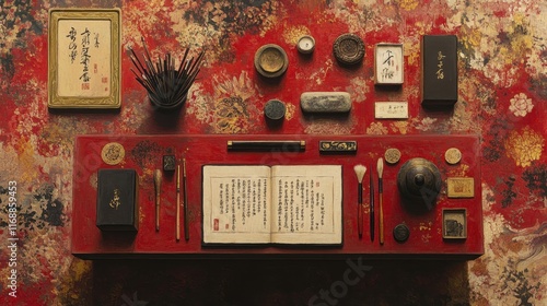 Ancient Chinese Scholars' Desk with Scrolls and Brushes