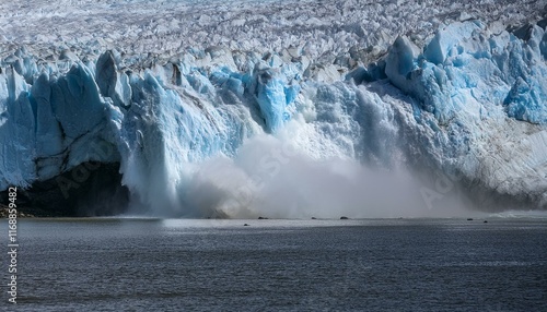 A scene where a glacier collapses due to global warming, causing huge ice blocks to fall photo