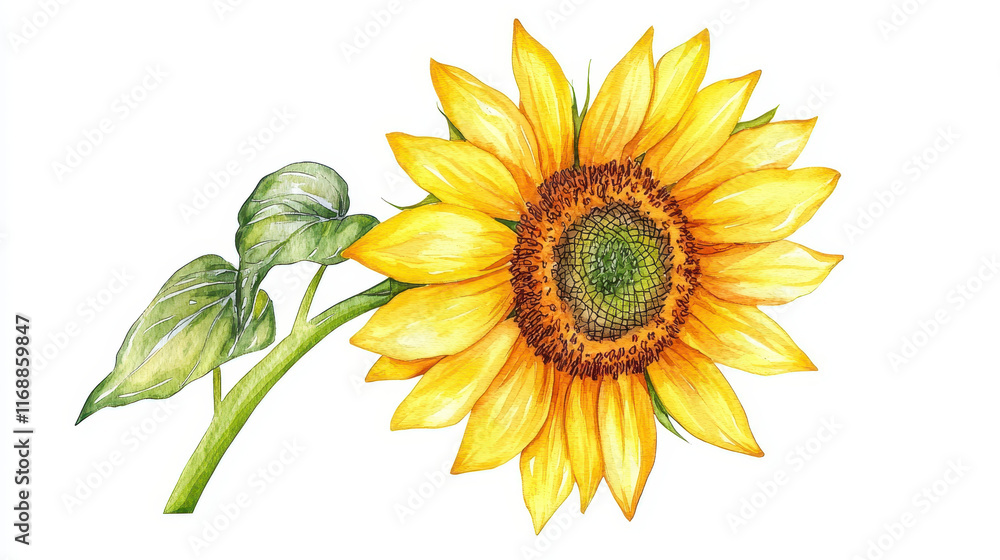 Fototapeta premium Watercolor sunflower with vibrant yellow petals and green leaves