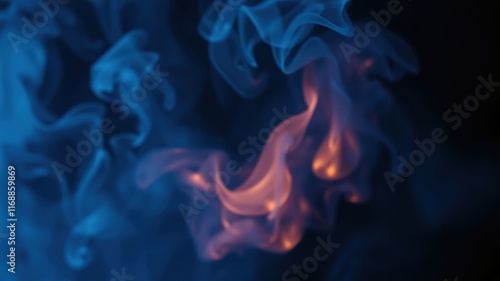 Abstract swirling blue and orange smoke patterns on black background