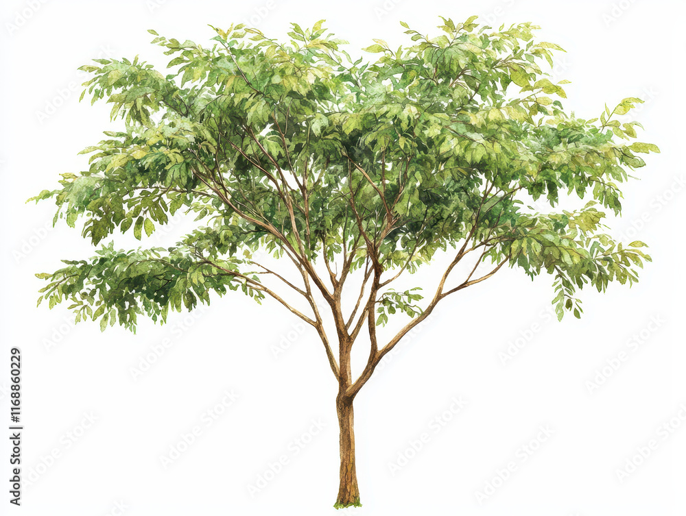 Watercolor walnut tree with lush green leaves and sturdy branches Watercolor walnut tree with lush green leaves and sturdy branches