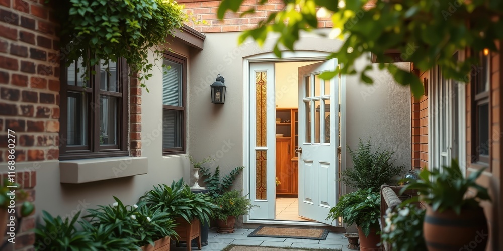 Fototapeta premium Inviting Courtyard Entryway with Open Door and Lush Greenery
