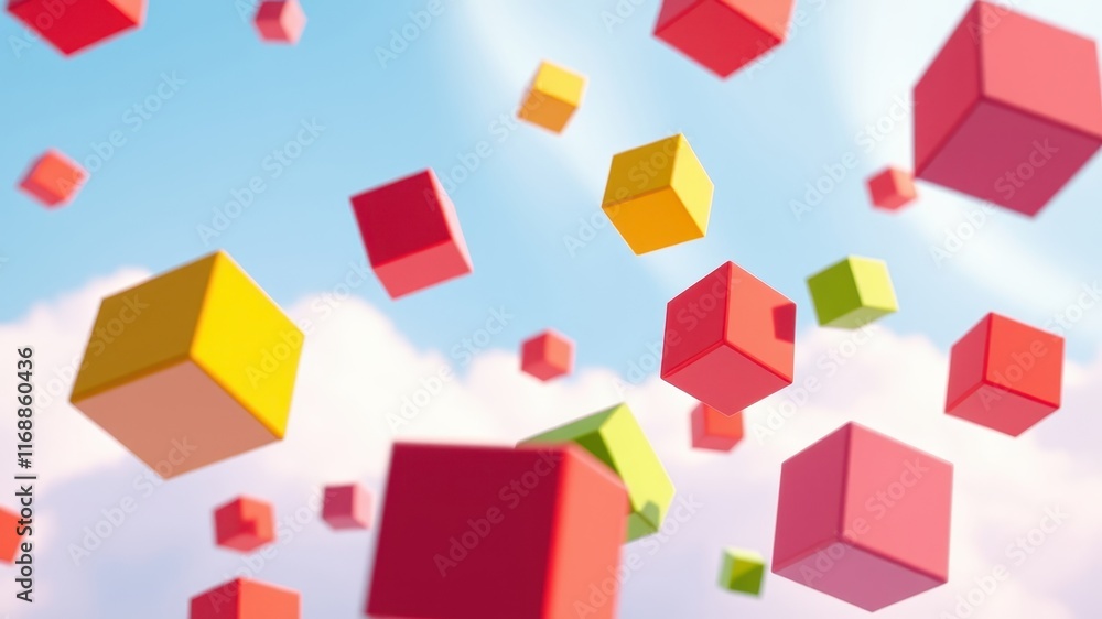 Obraz premium Abstract Colorful Cubes Ascending in a Serene Sky