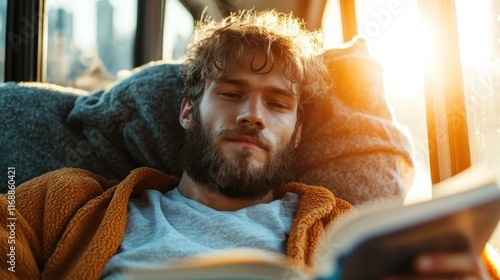 In this warm and inviting scene, a man enjoys reading a book while sitting comfortably, with warm sunlight enhancing the cozy vibe of his serene environment. photo