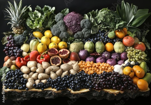 Vibrant Arrangement of Fresh Fruits and Vegetables on Wooden Board for Healthy Lifestyle and Nutrition Concepts Featuring Various Colors and Textures photo