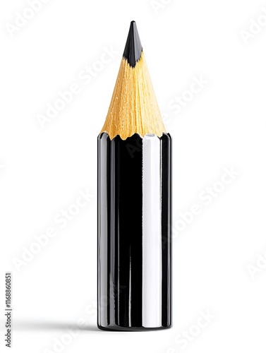 Close-up of a sharply pointed graphite pencil with a black, metallic-looking body isolated on a white background. photo