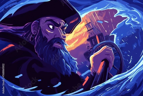 A Grizzled Pirate Captain Steers His Ship Through Stormy Seas photo