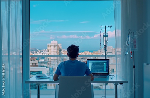Sitting at his desk, the young man works on his laptop in either his home or office setting, while receiving IV drip infusion and vitamin therapy in his blood