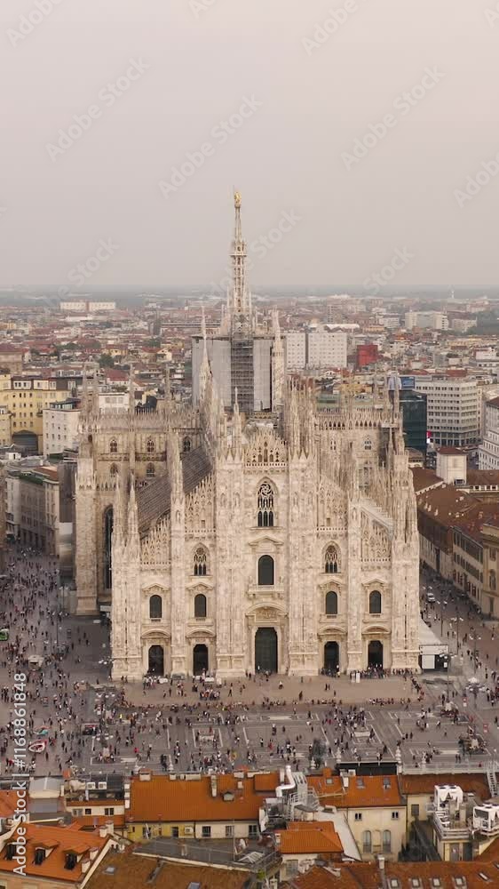 Aerial view of Duomo di Milano. Vertical video Aerial view of Duomo di Milano. Vertical video