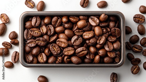 This image captures an artful arrangement of various roasted coffee beans laid out in a tray, offering a sensory experience rich in texture, aroma, and aesthetics. photo