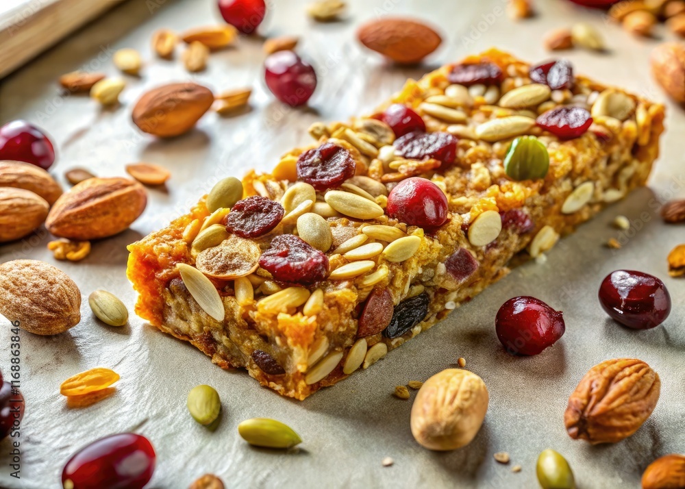 Fototapeta premium Artisan granola bars: crunchy almonds, vibrant cranberries, and nutty pumpkin seeds. Irresistible!