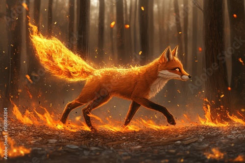 Fiery Fox Running Through Autumn Forest photo