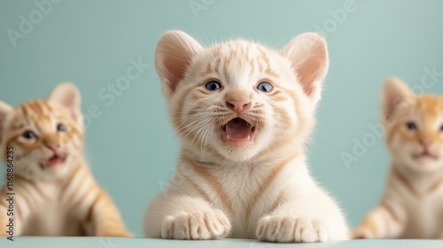 Three playful kittens display their lively personalities, with one in the foreground meowing, perfect for depicting the joy and energy of young animals in a charming setting. photo