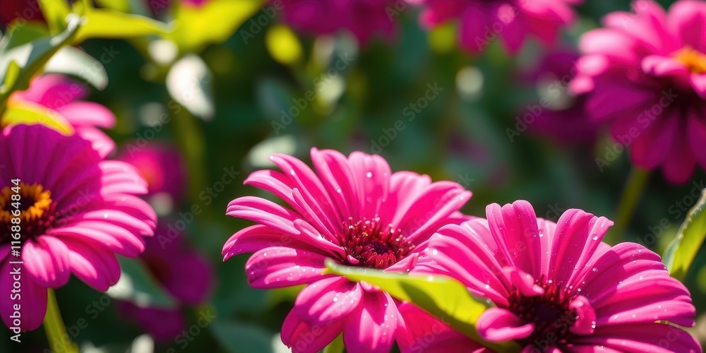Obraz premium Vibrant Pink Flowers in a Lush Garden, Dew Drops Sparkling in Sunlight