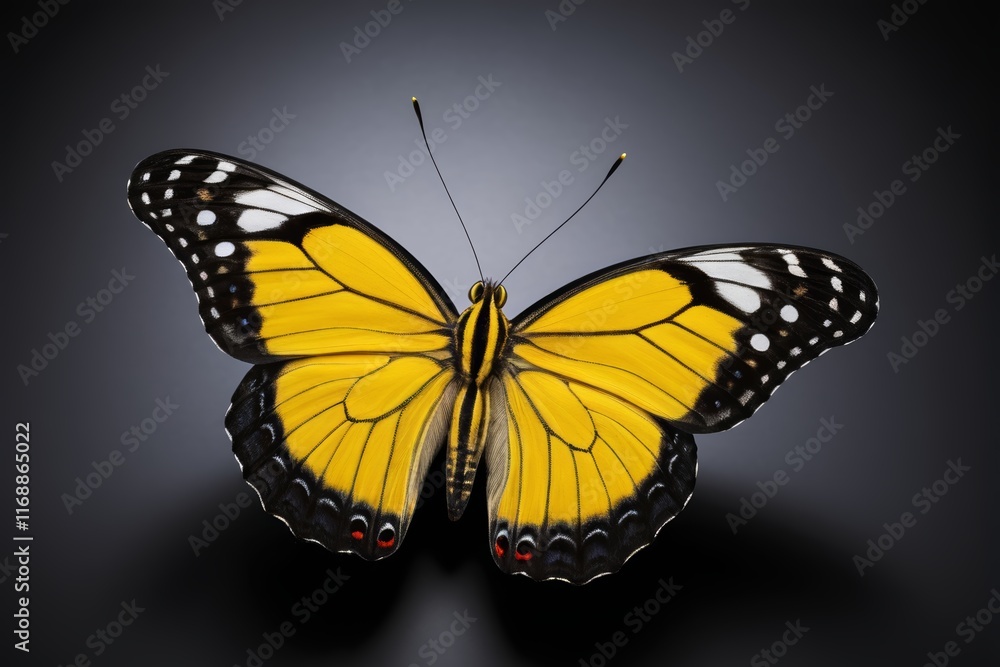 Obraz premium yellow butterfly with black spots on wings on a black background