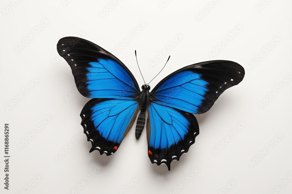 Obraz premium a close up of a blue butterfly on a white surface