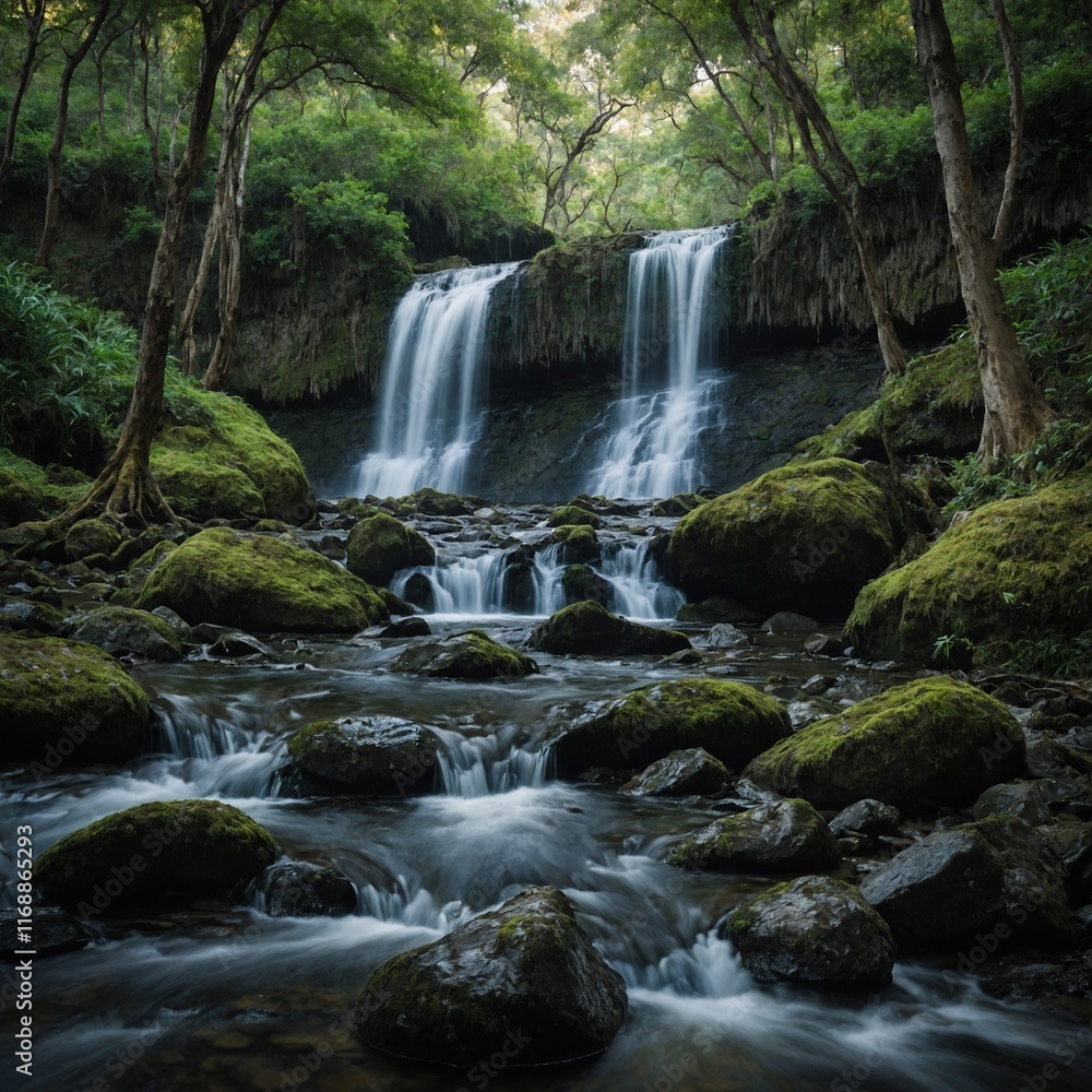 Obraz premium The waterfall framed by trees or rocks.