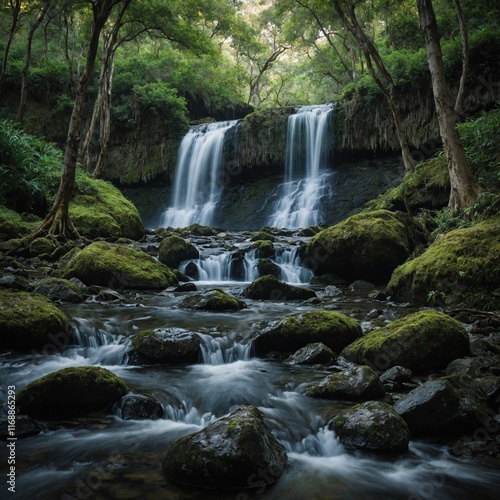 The waterfall framed by trees or rocks.