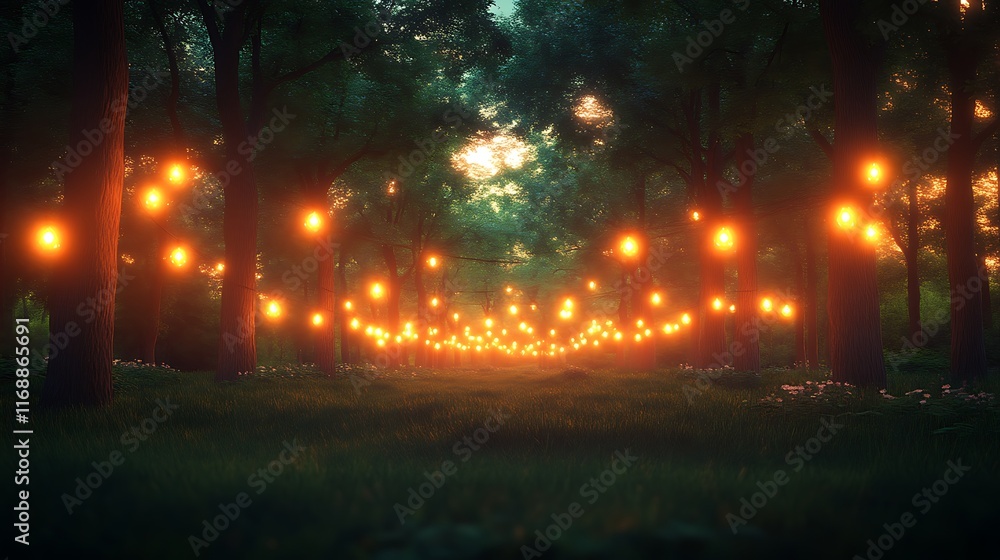 Enchanting forest path with glowing lights. Enchanting forest path with glowing lights.