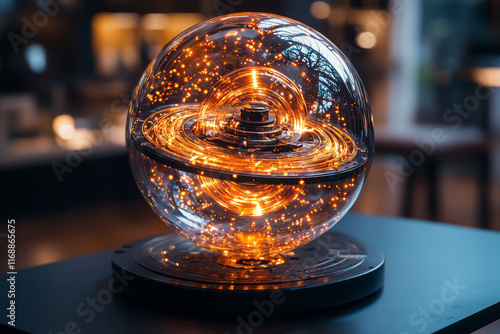 A gyroscopic perpetual motion machine glowing dynamically, photo