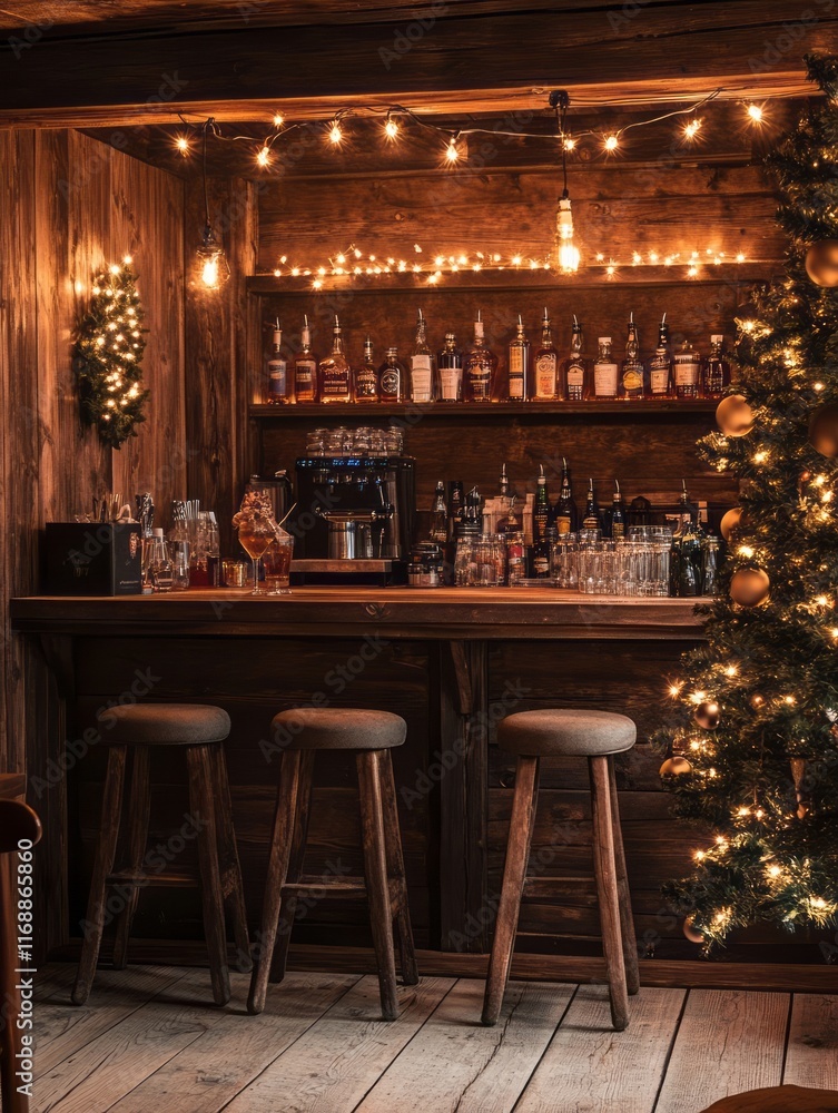 Festive Wooden Bar Decorated For Christmas Festive Wooden Bar Decorated For Christmas