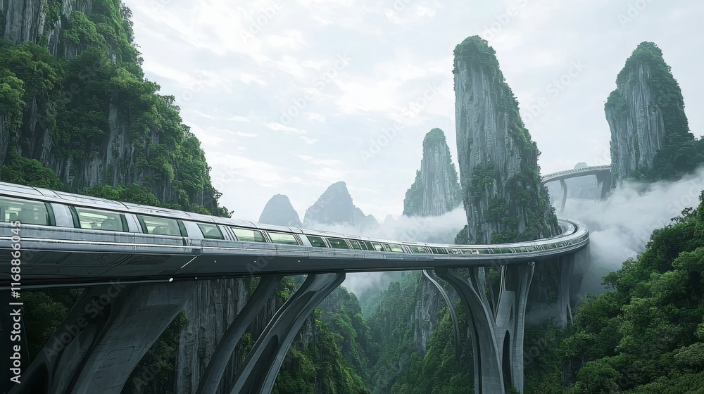 Fototapeta premium Futuristic China: Monorail Journey through Mountainous Terrain with Delicate Chinese Ornaments, Cinematic Ultra-Detailed Image