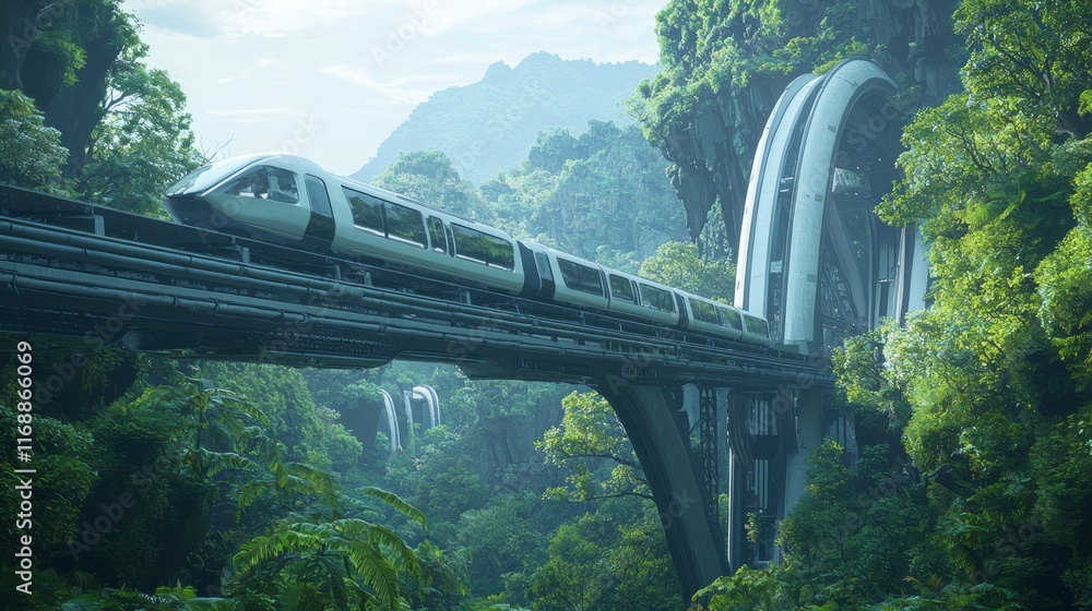 Fototapeta premium Majestic Monorail Journey: Chinese Ornamentation in Futuristic Mountainous Terrain