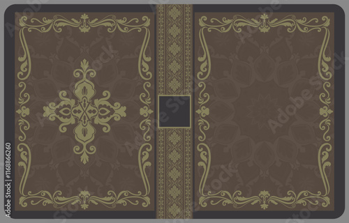 Book cover, hard cover decorated with vintage frame, brown texture, gold pattern
