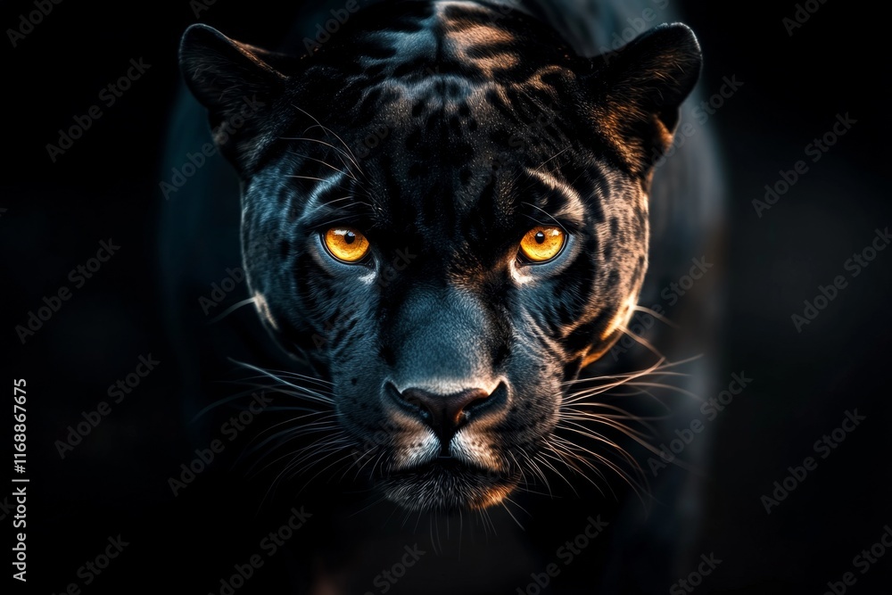A close-up of a jaguar piercing yellow eyes, framed by its sleek fur and intense expression A close-up of a jaguar piercing yellow eyes, framed by its sleek fur and intense expression