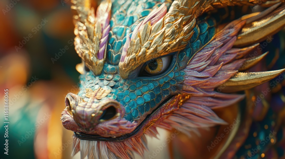 Obraz premium Intricate Close-Up of a Colorful Dragon Puppet