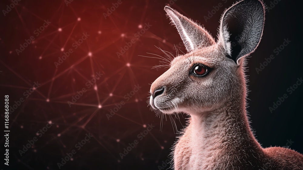 Obraz premium A close-up of a kangaroo's head against a dark, abstract background, showcasing its features and highlighting a futuristic aesthetic.