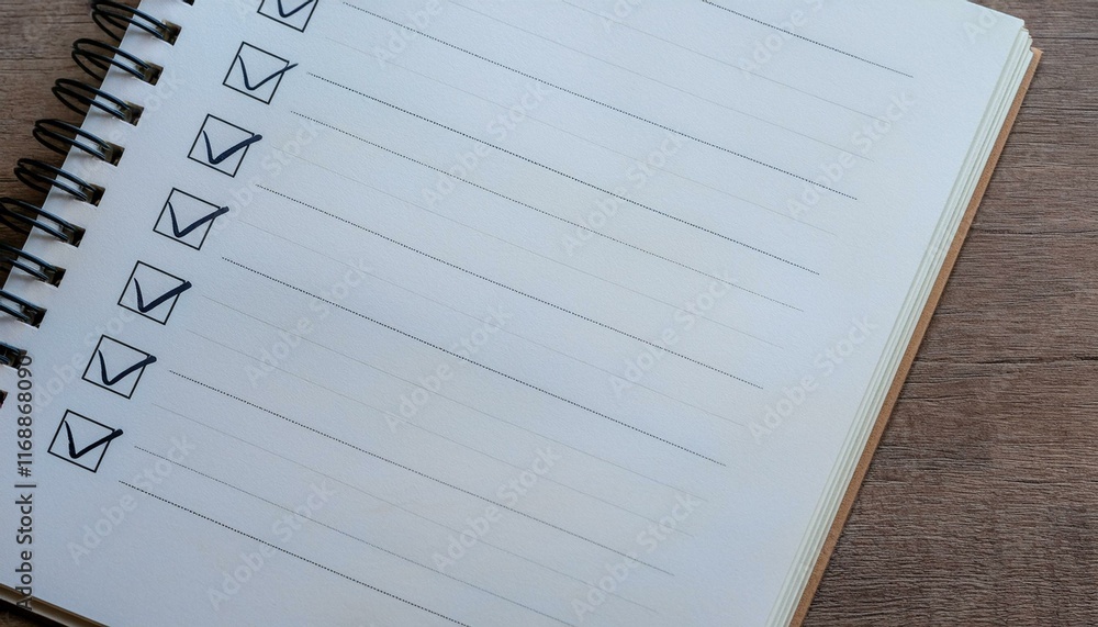 A blank notebook with a checklist being filled in and the last box being checked