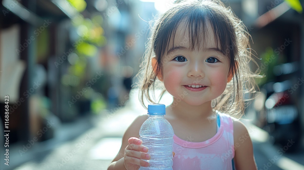 Smiling child holding a water bottle in a sunny alley. Smiling child holding a water bottle in a sunny alley.