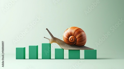 Obraz na płótnie A snail crawls over green bars, symbolizing slow progress in growth or business metrics against a soft green background. w salonie