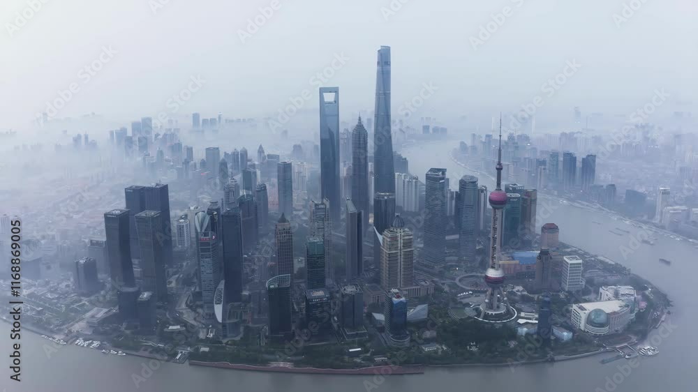 Skyline view of a bustling metropolis shrouded in mist revealing towering skyscrapers and urban landscape Skyline view of a bustling metropolis shrouded in mist revealing towering skyscrapers and urban landscape