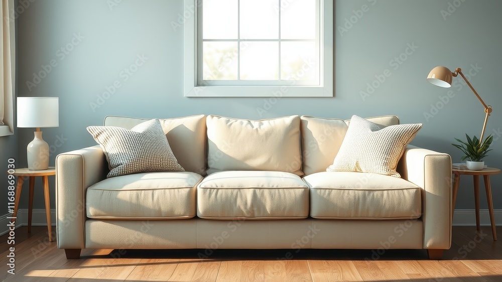 Fototapeta premium Relaxing Sunlight Illuminates a Modern Living Room with a Comfortable Beige Sofa and Stylish Decor