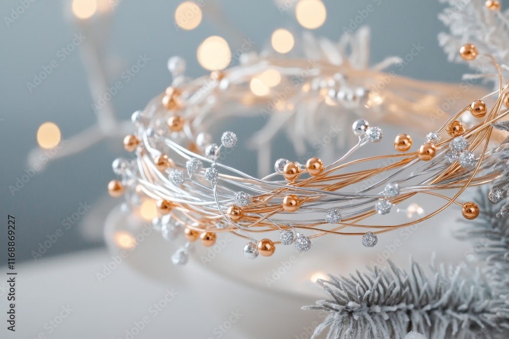 Fototapeta premium A delicate bracelet made of intertwined silver and gold strands, elegantly draped over a jewelry stand