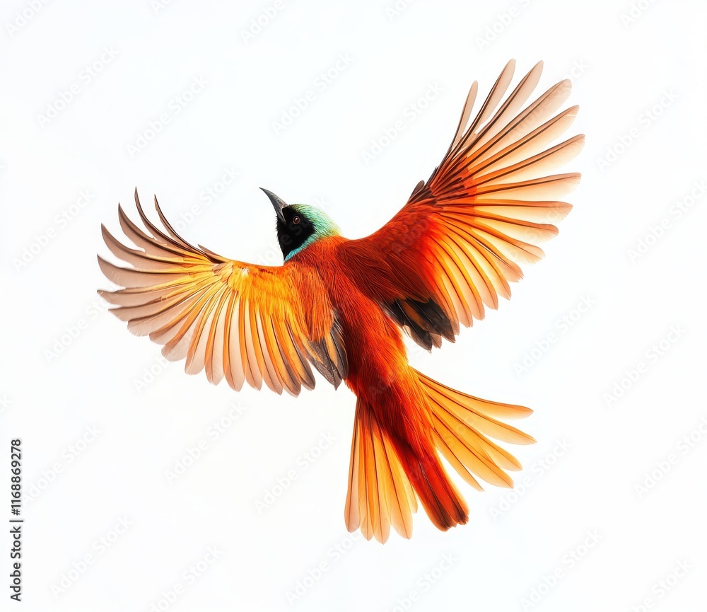 Obraz premium Vibrant Bird in Flight Against Bright Background Showcasing Stunningly Detailed Feathers and Graceful Wing Span, Capturing Beauty of Nature and Avian Species