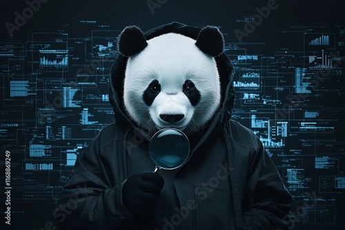 A panda wearing a hooded jacket holds a magnifying glass, against a backdrop of digital data and technology, blending nature with a modern, investigative theme.