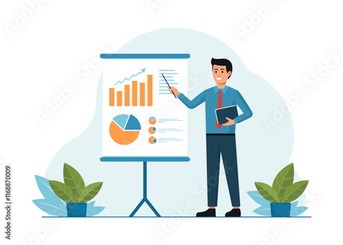 Analyst office worker stands in front of a banner and conducts analysis, presentation of his work. Financier presents analysis of changes. Financial growth. Vector illustrations on a white background.