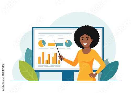 Analyst woman. Manager stands in front of a banner and conducts analysis, presentation of her work. Financier presents analysis of changes. Financial growth. Vector illustrations on a white background