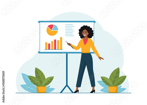 Analyst woman. Manager stands in front of a banner and conducts analysis, presentation of her work. Financier presents analysis of changes. Financial growth. Vector illustrations on a white background