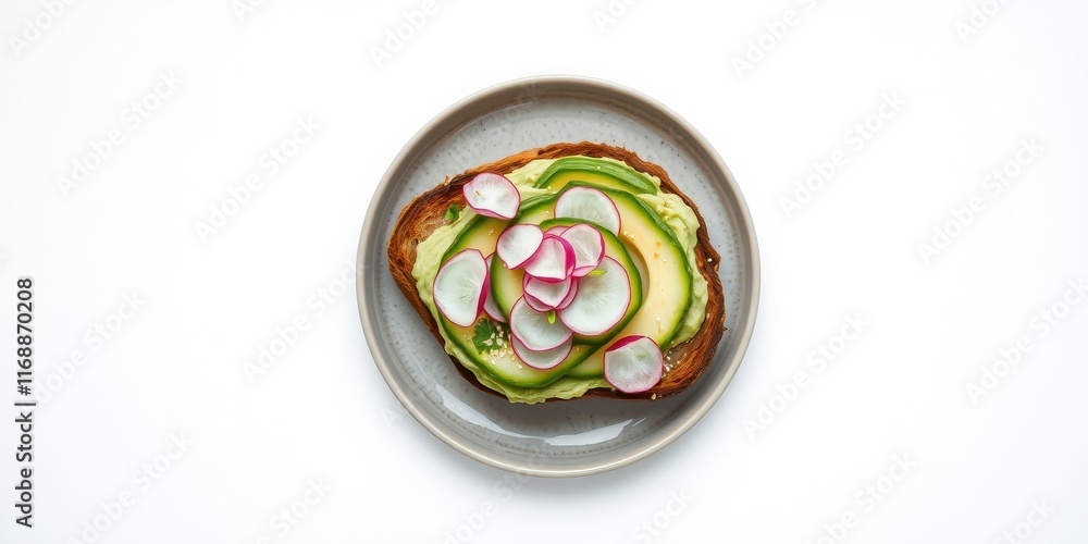 Delicious avocado toast with radish and sesame seeds on a plate Delicious avocado toast with radish and sesame seeds on a plate